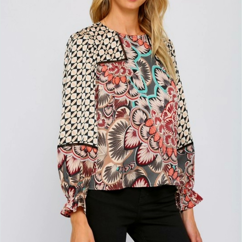 Fate Anthropologie Mix Pattern Balloon Sleeve Blouse Top Medium